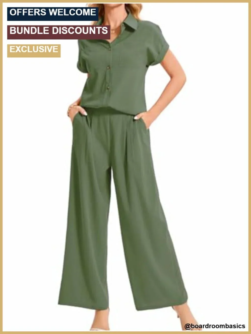 Women's 2 Piece Dressy Work Outfit - Button Down Shirt & Wide Leg Pants Set